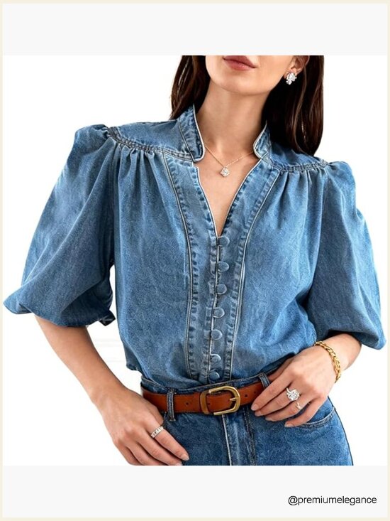 Tops - Vintage V Neck Denim Shirt 3/4 Lantern Sleeve Button Down Blouse